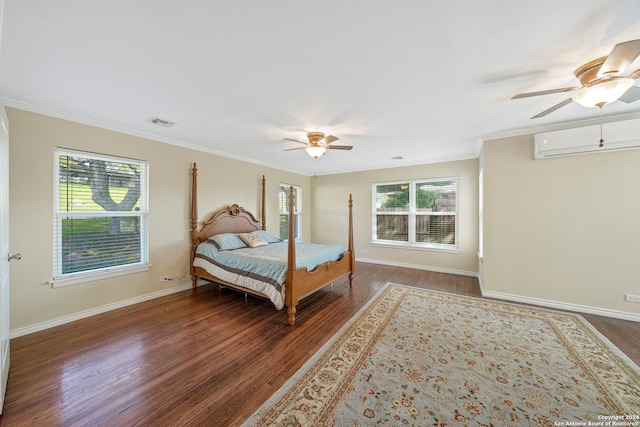 bedroom featuring dark wood-type flooring, a wall mounted air conditioner, and ceiling fan