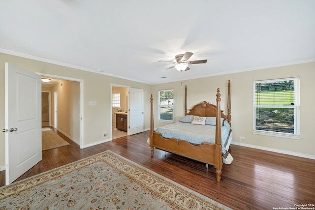 bedroom with multiple windows, dark hardwood / wood-style flooring, ceiling fan, and ensuite bath