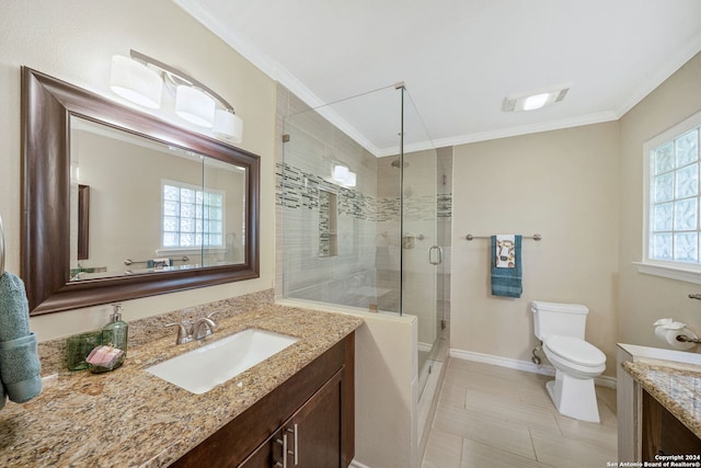 bathroom with walk in shower, vanity, toilet, and ornamental molding