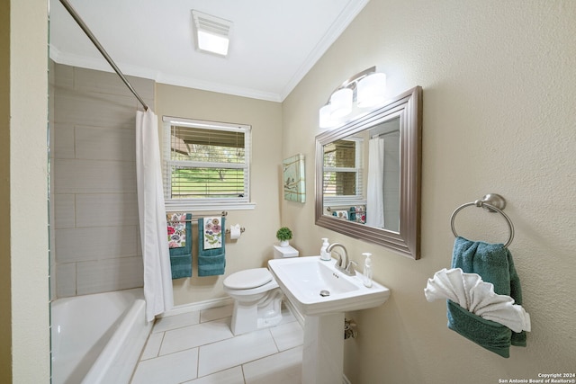 full bathroom with sink, shower / bath combo with shower curtain, crown molding, tile patterned floors, and toilet