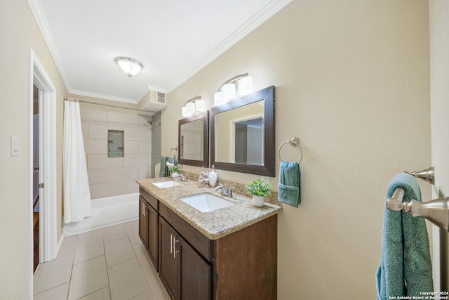 bathroom featuring vanity, shower / bath combination with curtain, tile patterned flooring, and ornamental molding