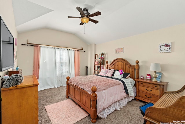 bedroom featuring vaulted ceiling, carpet flooring, and ceiling fan