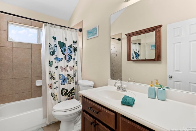 full bathroom with toilet, vanity, vaulted ceiling, and shower / bath combo with shower curtain