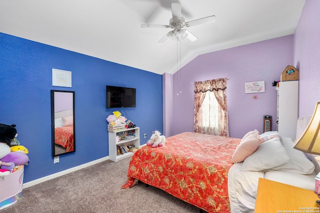 carpeted bedroom featuring ceiling fan and lofted ceiling