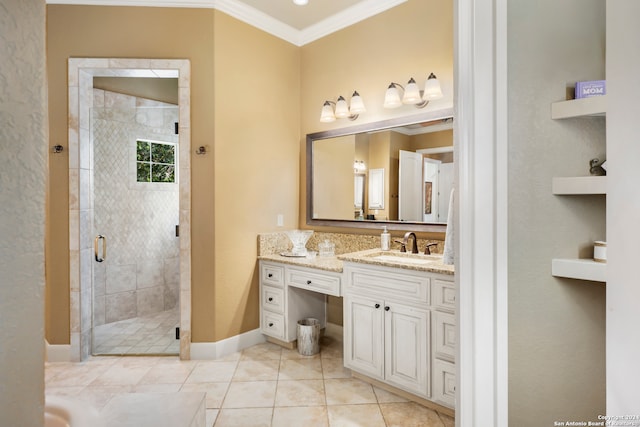 bathroom with vanity, tile patterned flooring, a shower with door, and ornamental molding