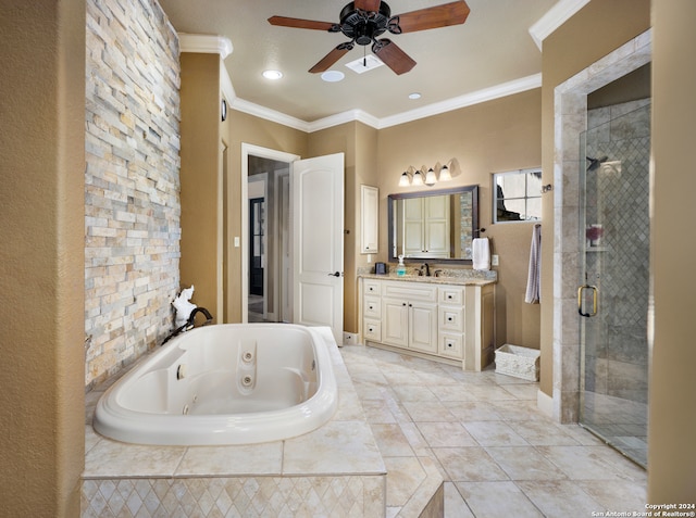 bathroom featuring crown molding, vanity, independent shower and bath, tile patterned flooring, and ceiling fan