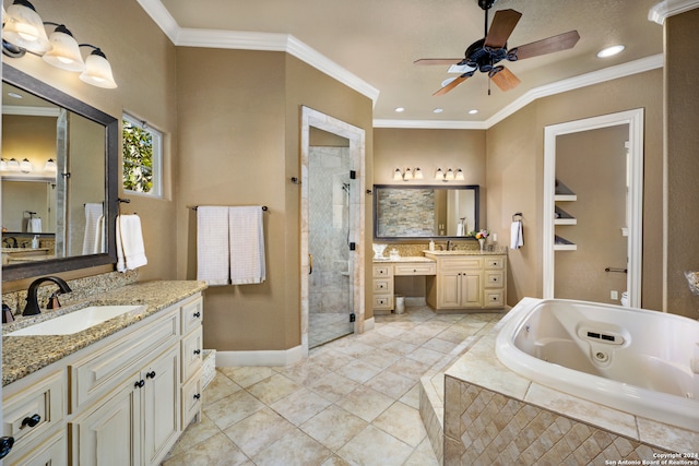 bathroom featuring ornamental molding, tile patterned flooring, vanity, and plus walk in shower