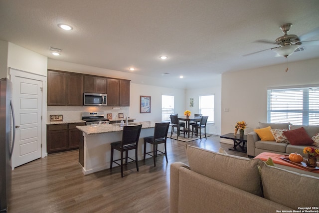 kitchen with dark wood-type flooring, a kitchen island with sink, a healthy amount of sunlight, and stainless steel appliances