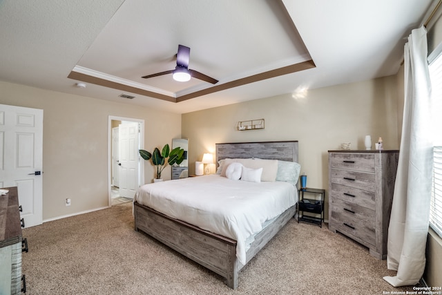 carpeted bedroom featuring ensuite bathroom, multiple windows, ceiling fan, and a raised ceiling