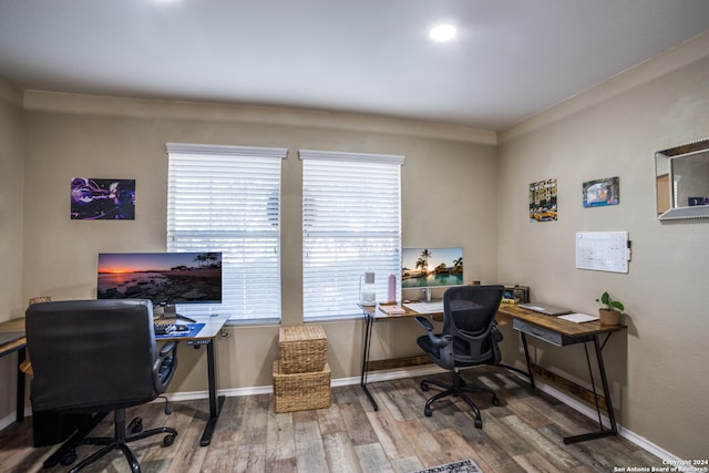 home office with wood-type flooring and crown molding