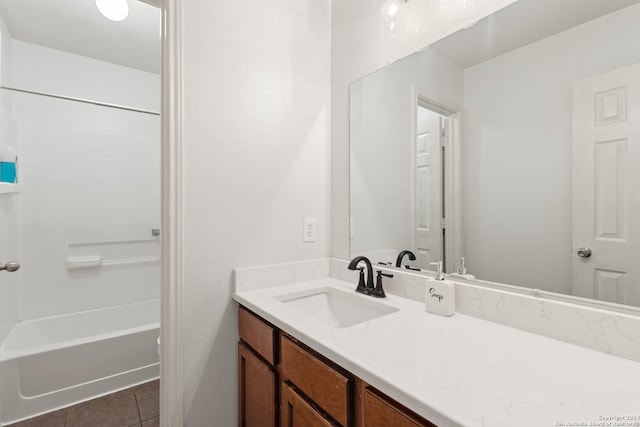 bathroom with vanity, tile patterned floors, and  shower combination