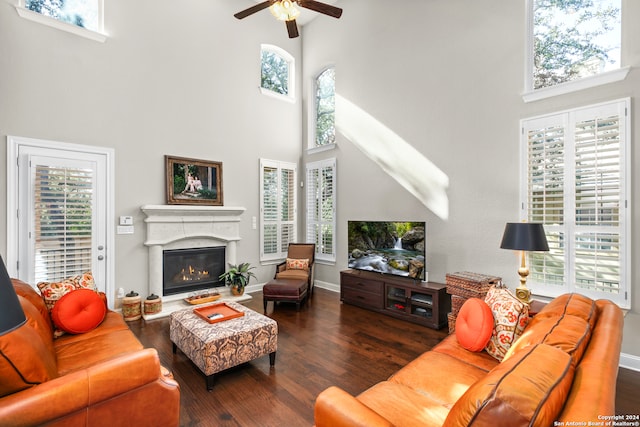 living room featuring a high ceiling, ceiling fan, and dark hardwood / wood-style flooring