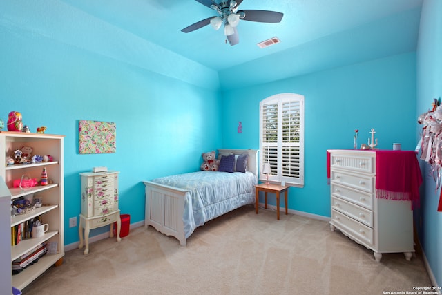 carpeted bedroom with ceiling fan