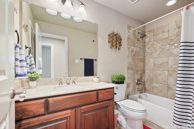 full bathroom featuring vanity, toilet, and shower / bathtub combination with curtain