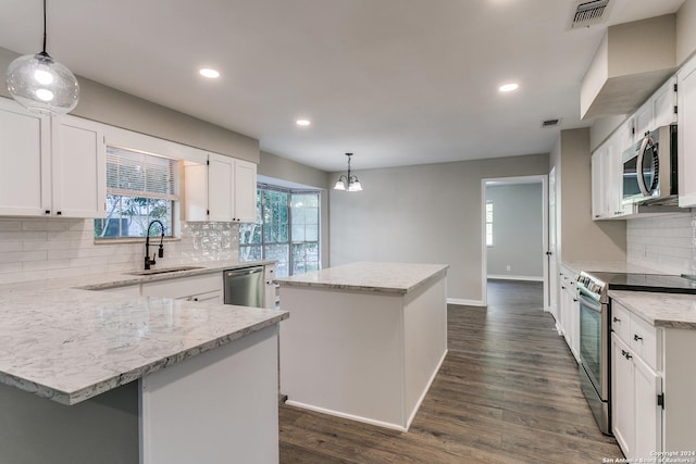 4103 Midvale Dr, San Antonio, TX 78229 - kitchen featuring stainless steel appliances, a sink, a center island, white cabinets, and decorative backsplash