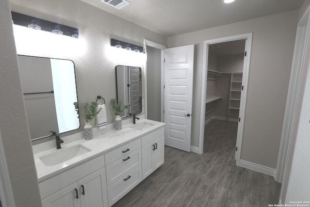 bathroom with hardwood / wood-style floors and vanity