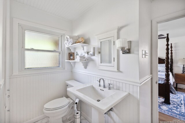 bathroom with hardwood / wood-style flooring and toilet