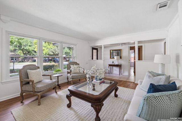 living room featuring light hardwood / wood-style floors and ornamental molding