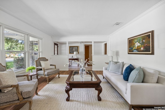 living room featuring light wood-type flooring and crown molding