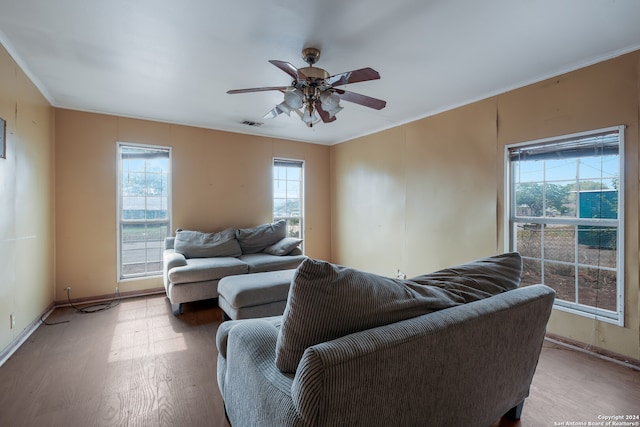 living room featuring light hardwood / wood-style floors, ceiling fan, a healthy amount of sunlight, and crown molding