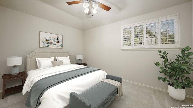 bedroom with ceiling fan and light colored carpet