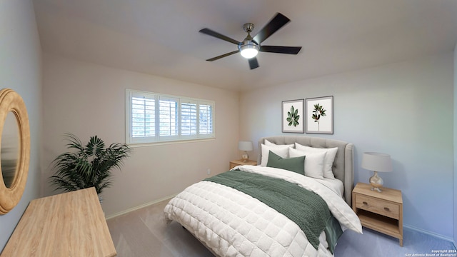 bedroom featuring light carpet and ceiling fan