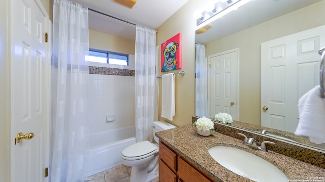 full bathroom with toilet, shower / tub combo, vanity, and tile patterned floors