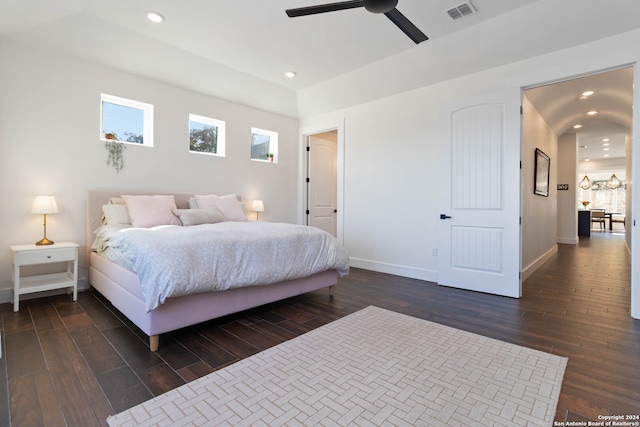 bedroom featuring dark wood-type flooring and ceiling fan