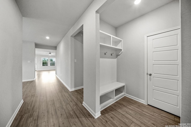 mudroom featuring hardwood / wood-style floors and ceiling fan