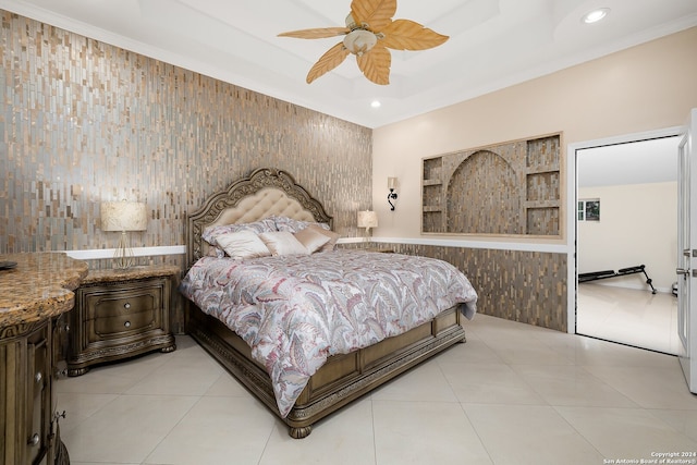 tiled bedroom with ceiling fan and crown molding