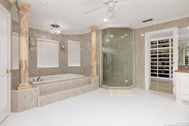 bathroom featuring decorative columns, plus walk in shower, ceiling fan, and crown molding