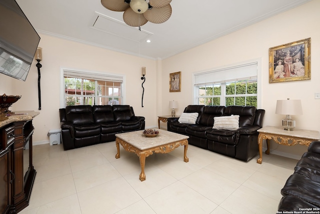 tiled living room with a wealth of natural light, ceiling fan, and crown molding