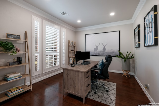 office area featuring dark hardwood / wood-style floors and crown molding