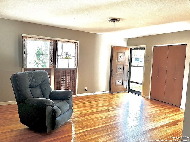 living area with light wood-type flooring and a textured ceiling