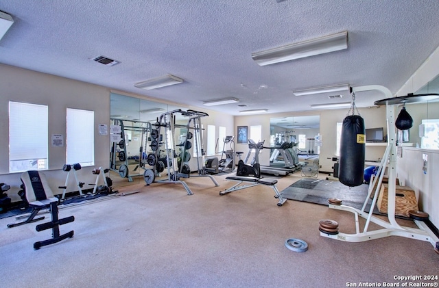 workout area featuring a textured ceiling