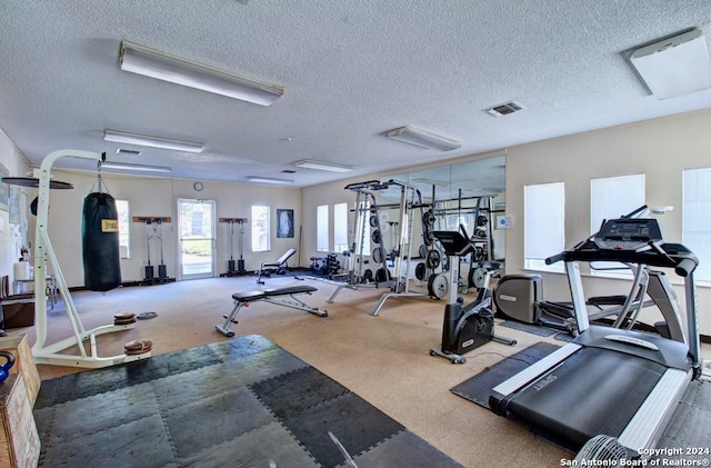 workout area featuring carpet floors and a textured ceiling