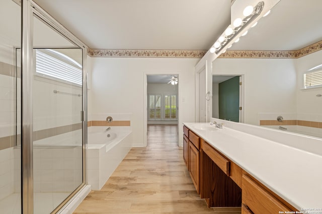 bathroom featuring ceiling fan, wood-type flooring, and a healthy amount of sunlight