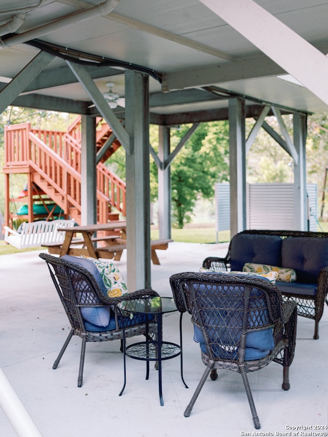 view of patio / terrace featuring a gazebo and an outdoor living space