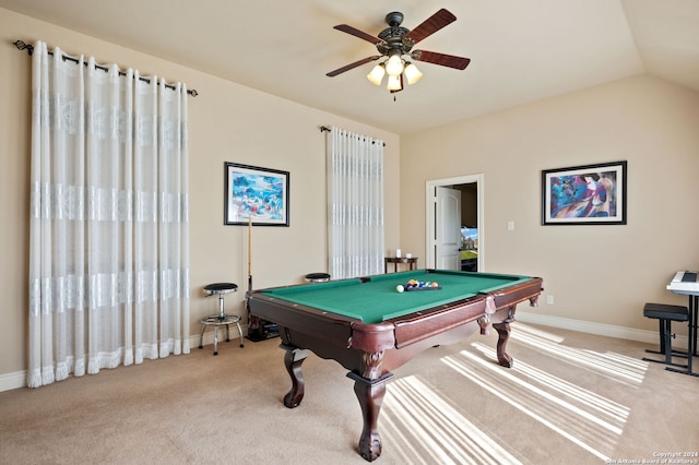 game room featuring ceiling fan, light carpet, vaulted ceiling, and pool table