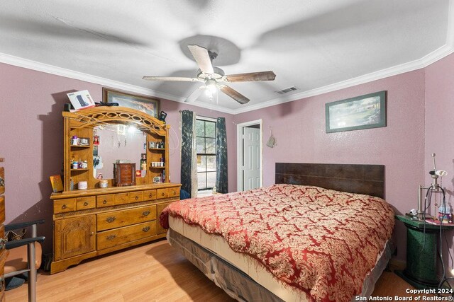 22620 Little Walnut Dr, San Antonio, TX 78264 - bedroom featuring light wood-type flooring, ornamental molding, and a ceiling fan