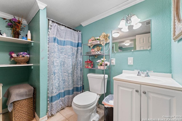 22620 Little Walnut Dr, San Antonio, TX 78264 - bathroom with ornamental molding, toilet, tile patterned flooring, a textured wall, and vanity