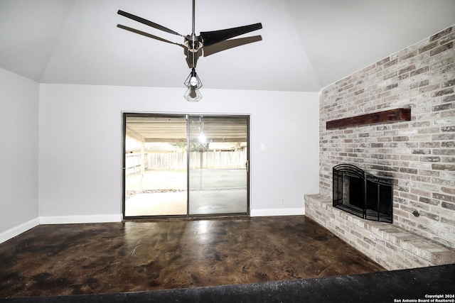 7227 Trace Buckle, San Antonio, TX 78240 - unfurnished living room featuring vaulted ceiling, baseboards, a fireplace, finished concrete floors, and a ceiling fan