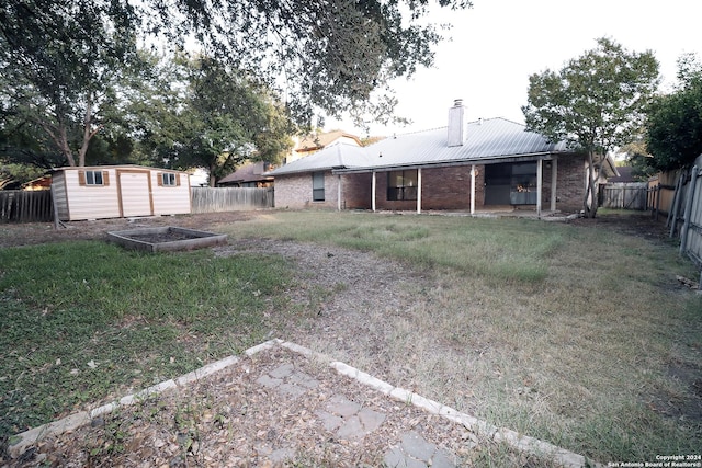 7227 Trace Buckle, San Antonio, TX 78240 - rear view of property featuring a chimney, brick siding, an outdoor structure, metal roof, and a storage unit