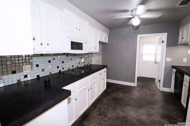 kitchen featuring black appliances, white cabinets, backsplash, and ceiling fan