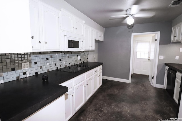 7227 Trace Buckle, San Antonio, TX 78240 - kitchen with black appliances, dark countertops, baseboards, and white cabinetry