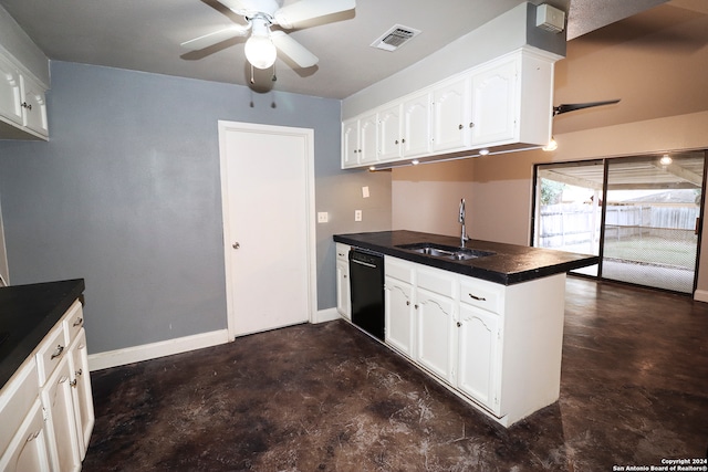 kitchen with kitchen peninsula, black dishwasher, and white cabinetry