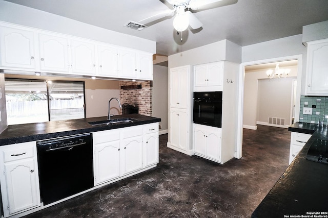 7227 Trace Buckle, San Antonio, TX 78240 - kitchen featuring black appliances, a sink, finished concrete flooring, white cabinetry, and a ceiling fan