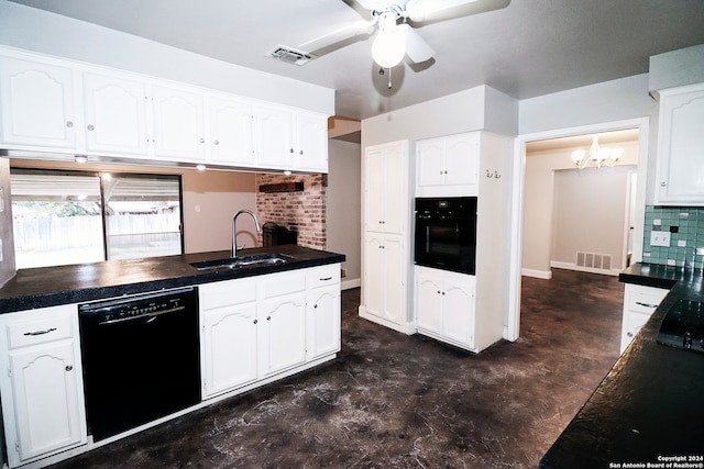 kitchen with tasteful backsplash, ceiling fan with notable chandelier, sink, black appliances, and white cabinetry