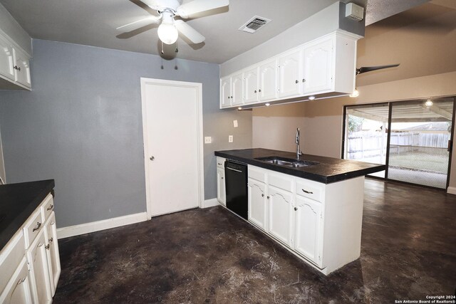 7227 Trace Buckle, San Antonio, TX 78240 - kitchen with black dishwasher, a sink, ceiling fan, a peninsula, and finished concrete flooring