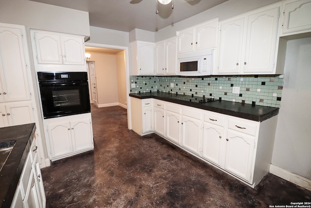 kitchen featuring black appliances, white cabinets, backsplash, and ceiling fan